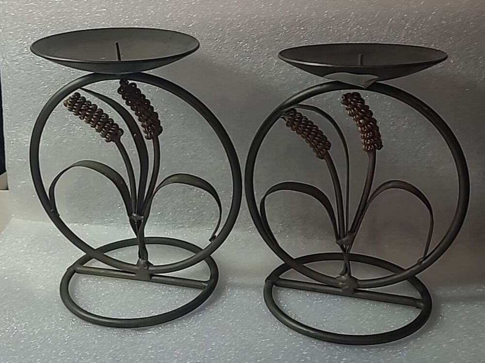 Pair of Vintage Rustic Bronze Color Pillar Wheat Theme Candle Holders